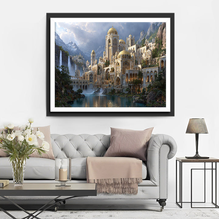 Magnifiek Kasteel Genesteld Tussen Bergen en Watervallen Diamond Painting
