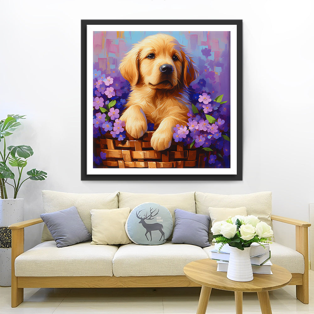 Mand met Paarse Bloemen en Golden Retriever Diamond Painting