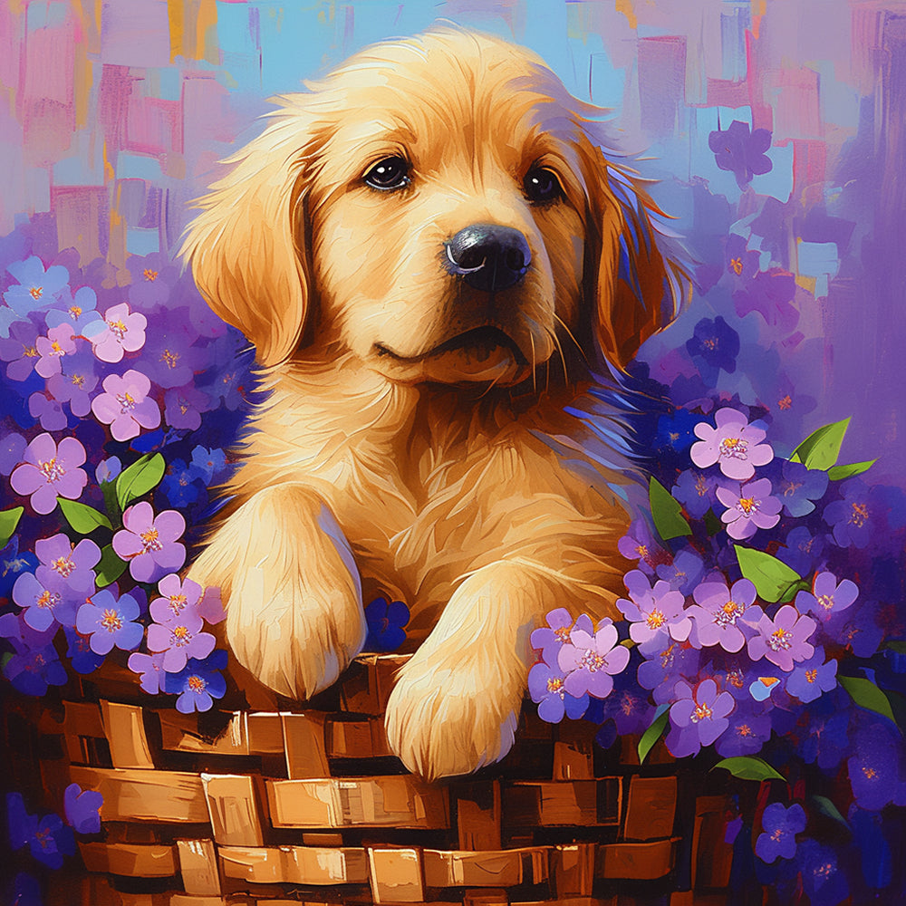Mand met Paarse Bloemen en Golden Retriever Diamond Painting
