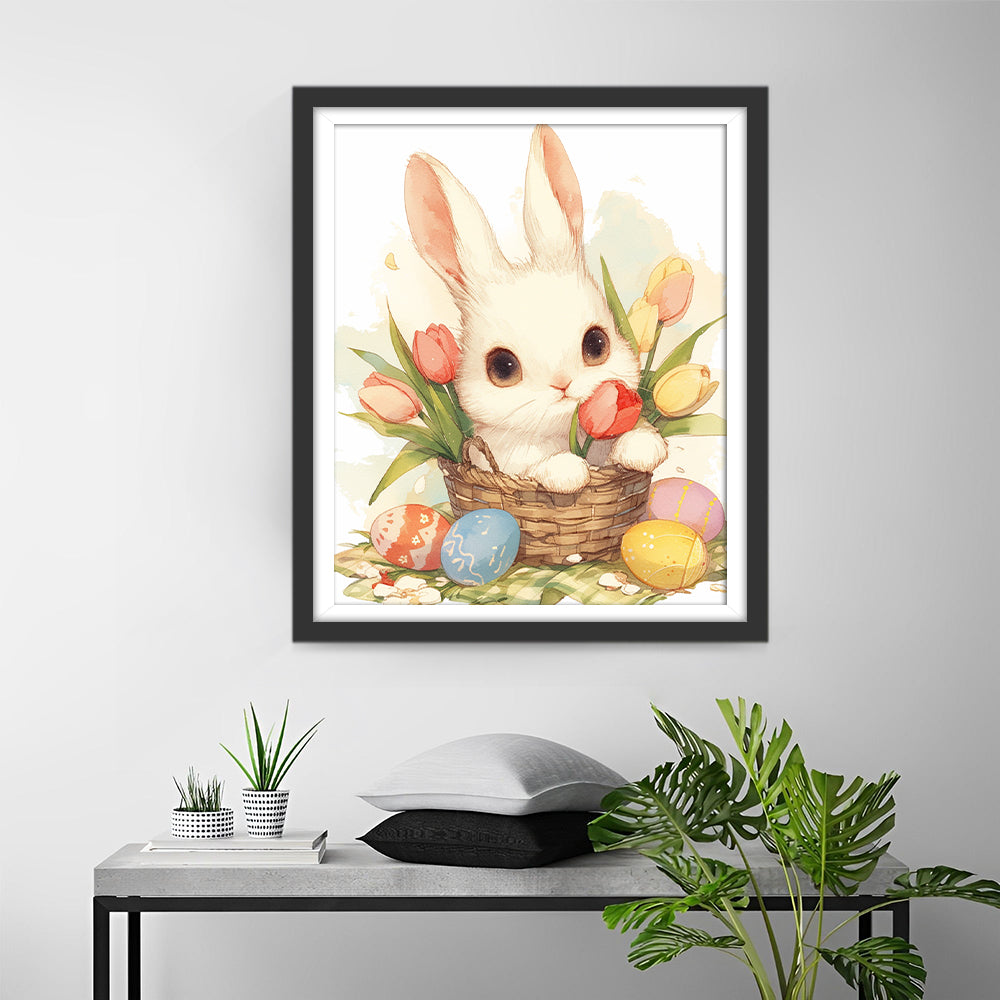 Mandje met Tulpen en een Paashaas Diamond Painting