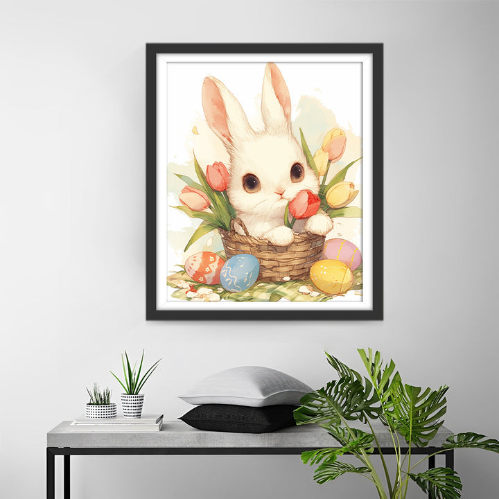 Mandje met Tulpen en een Paashaas Diamond Painting