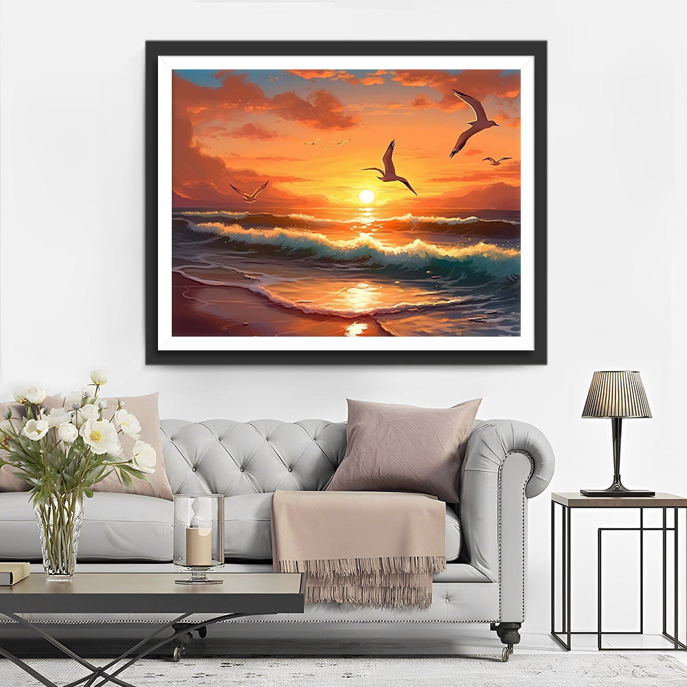 Meeuwen Vliegend in de Zonsondergang Diamond Painting