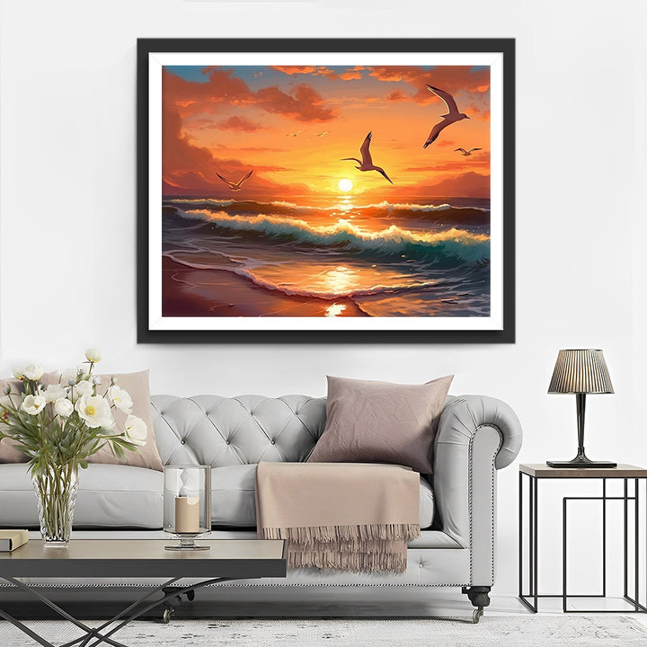 Meeuwen Vliegend in de Zonsondergang Diamond Painting