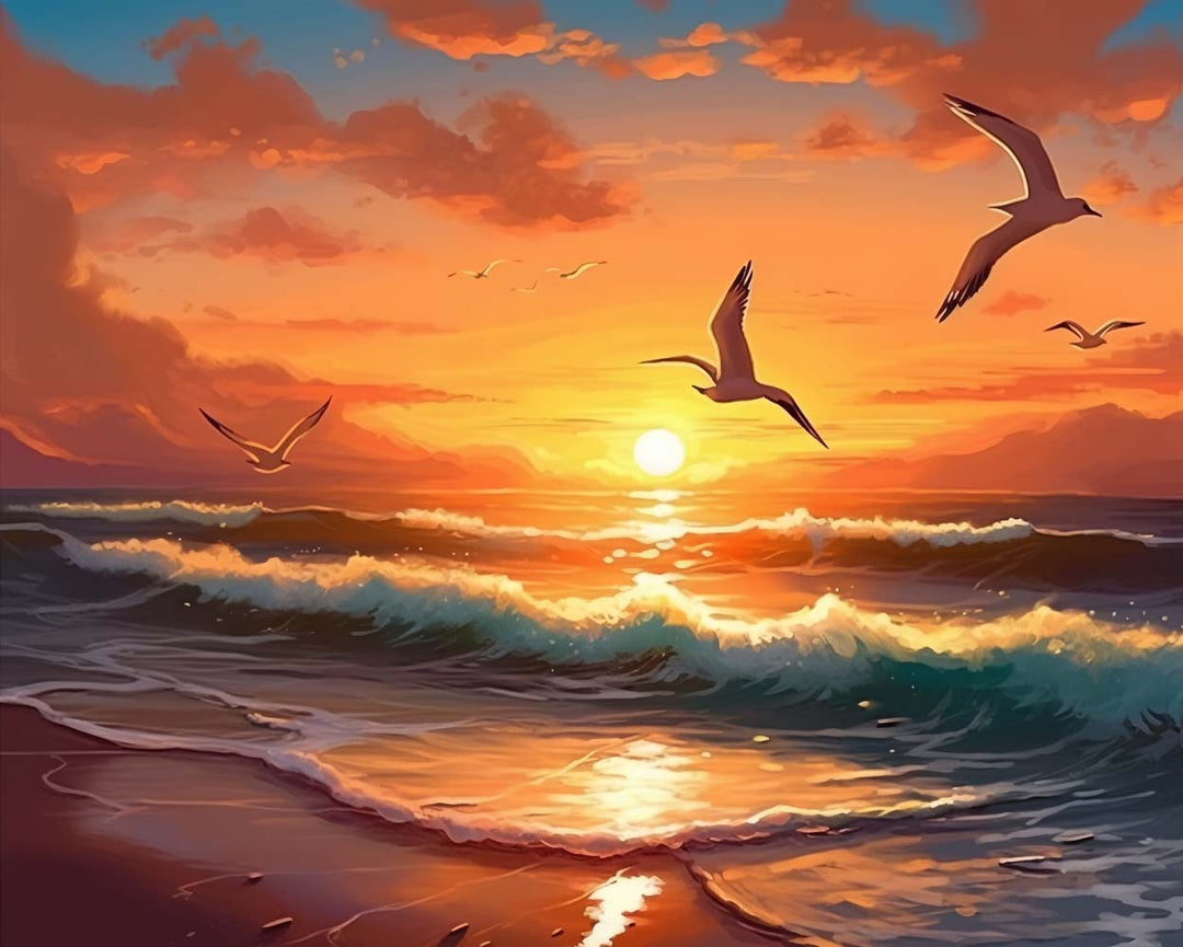 Meeuwen Vliegend in de Zonsondergang Diamond Painting
