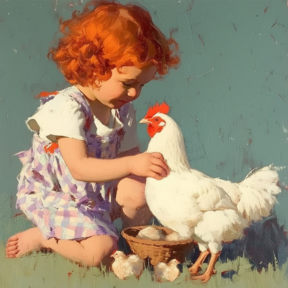Meisje en Witte Kip Diamond Painting