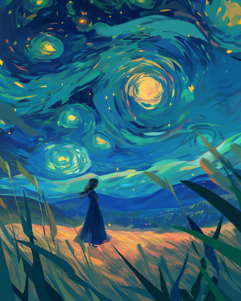 Meisje op het Veld onder de Sterrennacht Diamond Painting