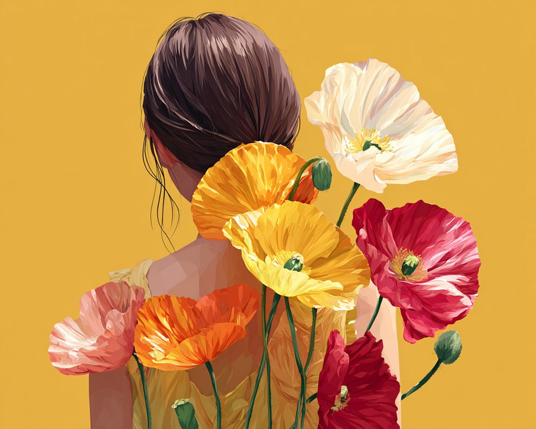 Mooie Vrouw en Kleurrijke Klaprozen Diamond Painting