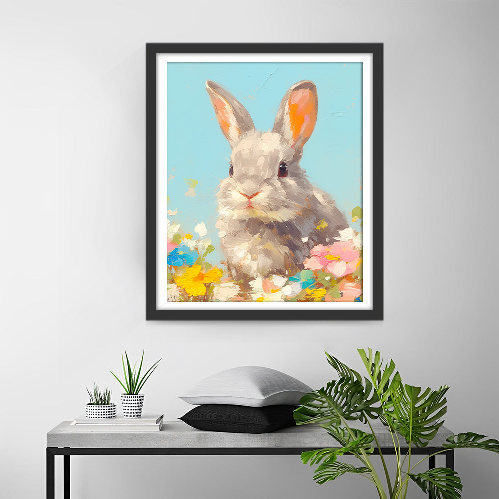 Olieverfstijl Grijs Konijn in de Bloemen Diamond Painting