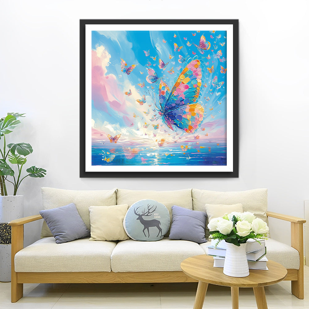 Olieverfstijl Kleurrijke Vlinders boven de Zee Diamond Painting