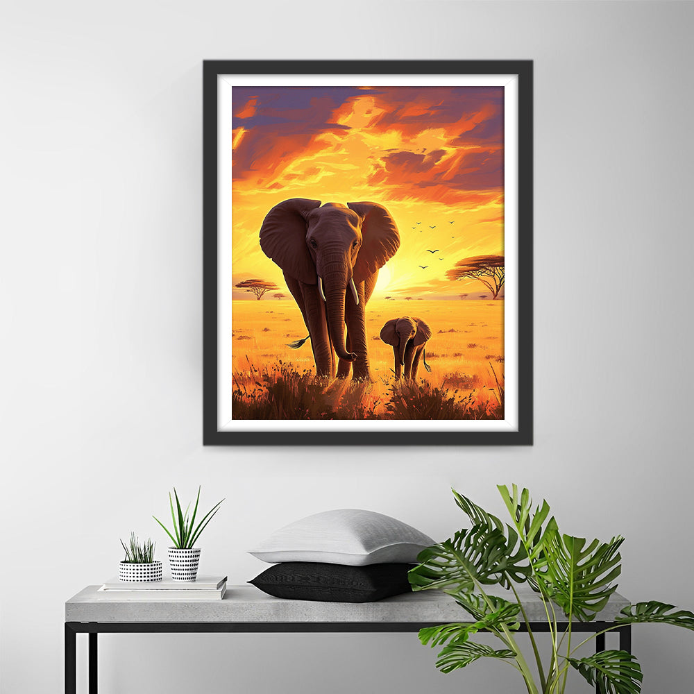 Olifant en Babyolifant bij Zonsondergang Diamond Painting