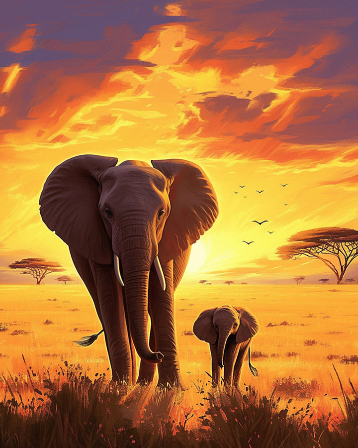 Olifant en Babyolifant bij Zonsondergang Diamond Painting