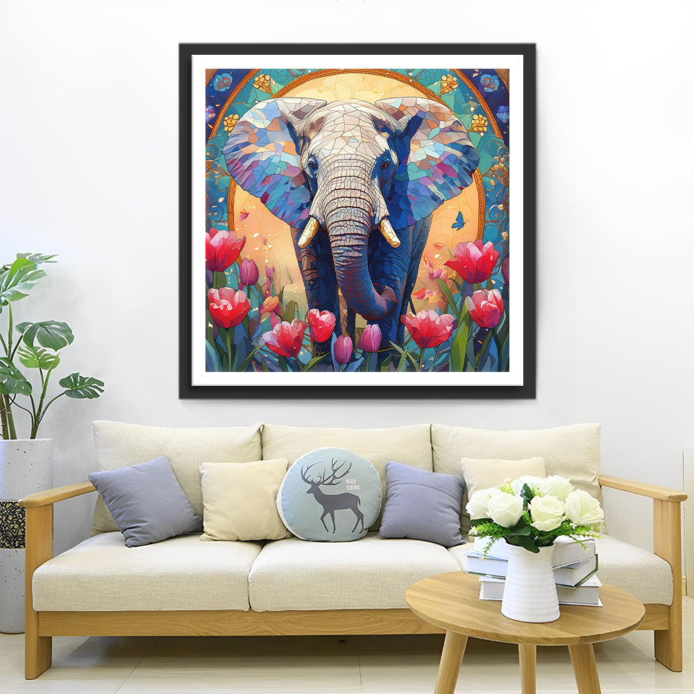Olifant in een Tulpenveld Diamond Painting
