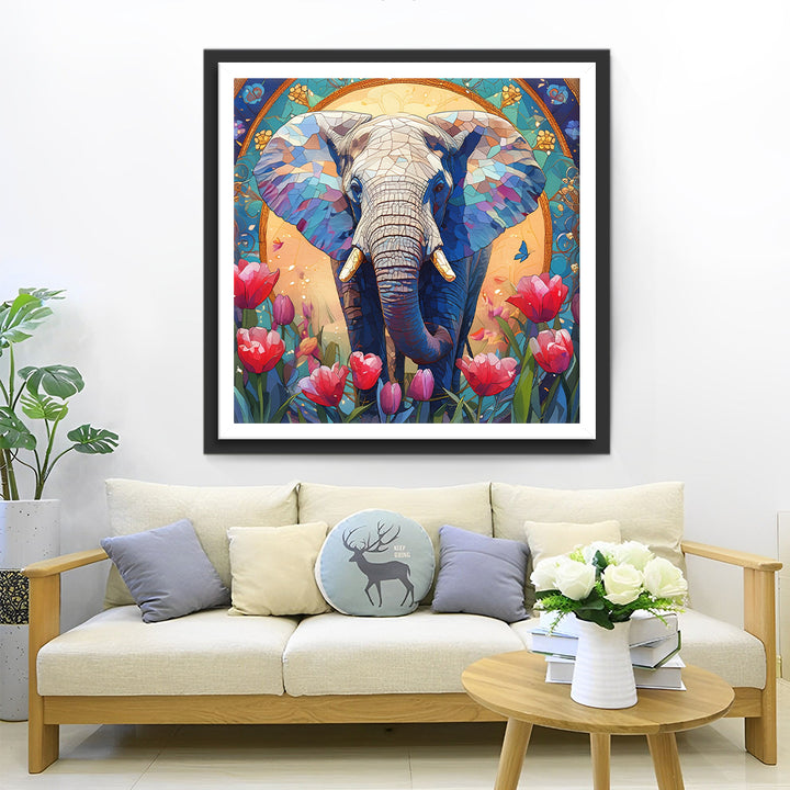 Olifant in een Tulpenveld Diamond Painting