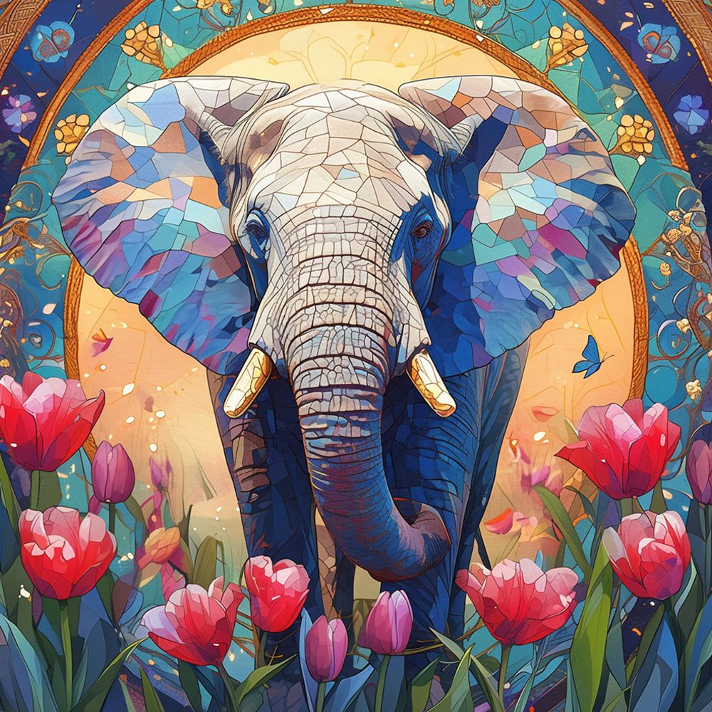 Olifant in een Tulpenveld Diamond Painting