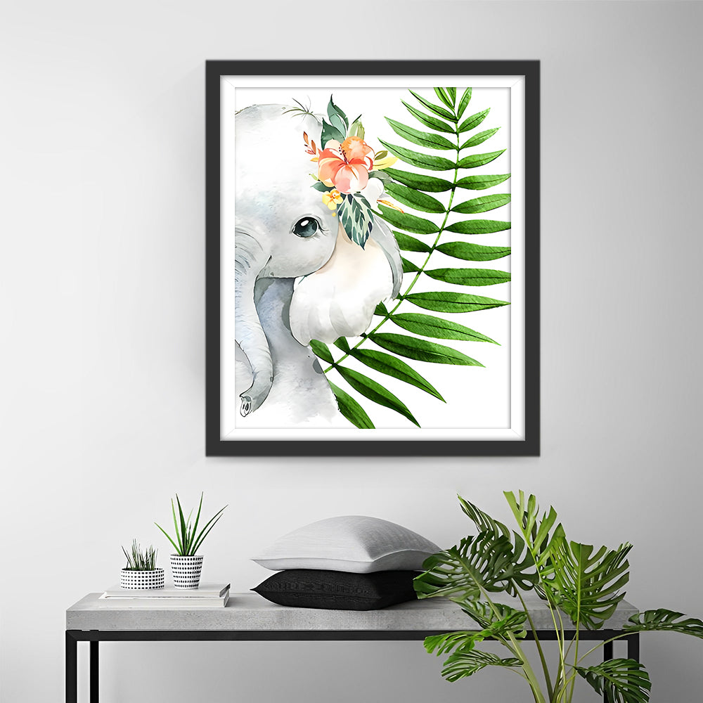 Olifantbaby en Blad Diamond Painting