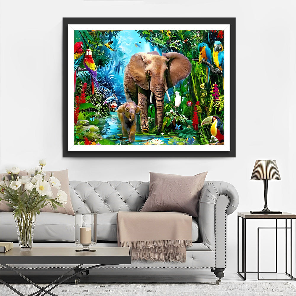 Olifanten en Papegaaien in het Regenwoud Diamond Painting