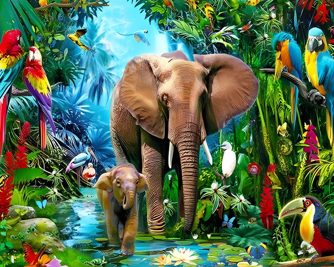 Olifanten en Papegaaien in het Regenwoud Diamond Painting