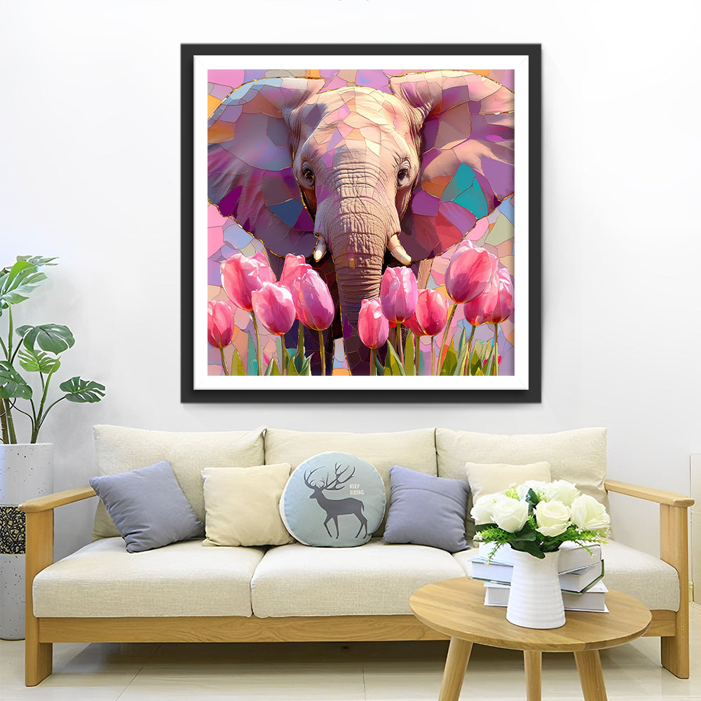 Olifanten in een Veld met Roze Tulpen Diamond Painting