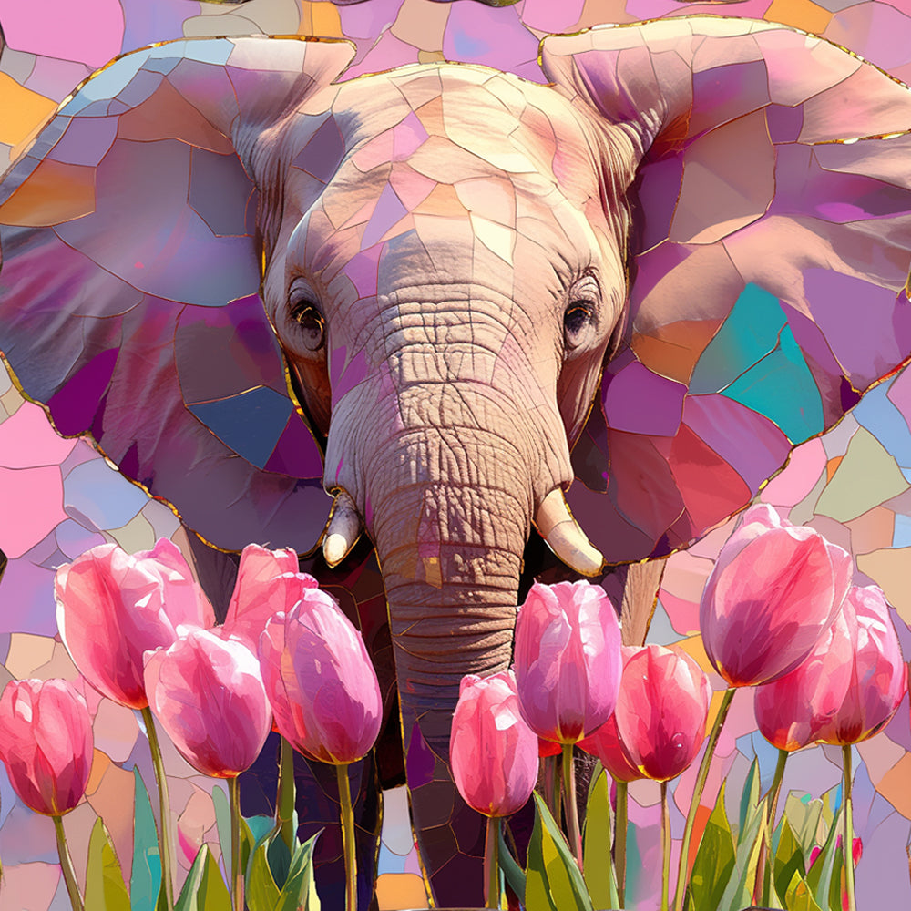 Olifanten in een Veld met Roze Tulpen Diamond Painting