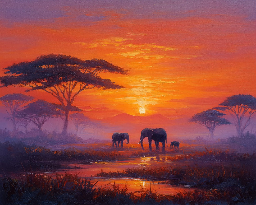 Olifanten op de Afrikaanse Savanne bij Zonsondergang Diamond Painting