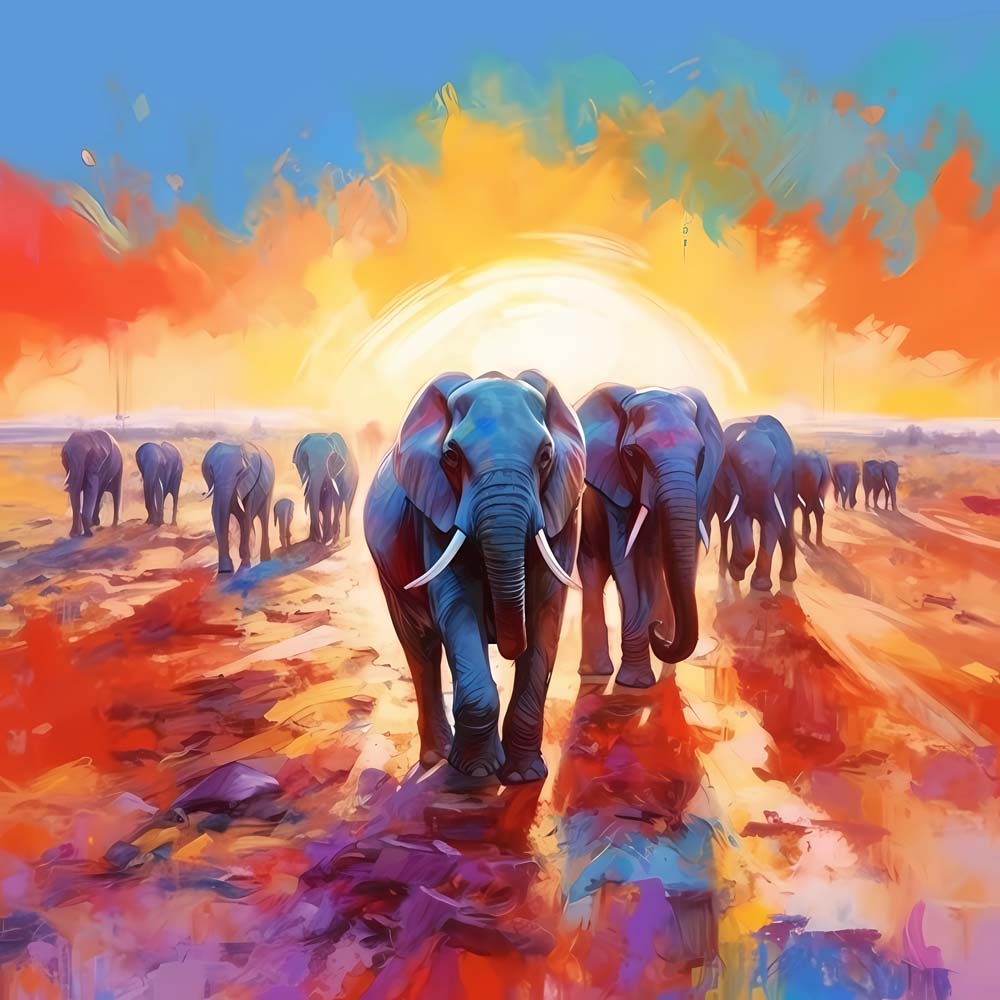 Olifantengroep bij Zonsopgang Diamond Painting