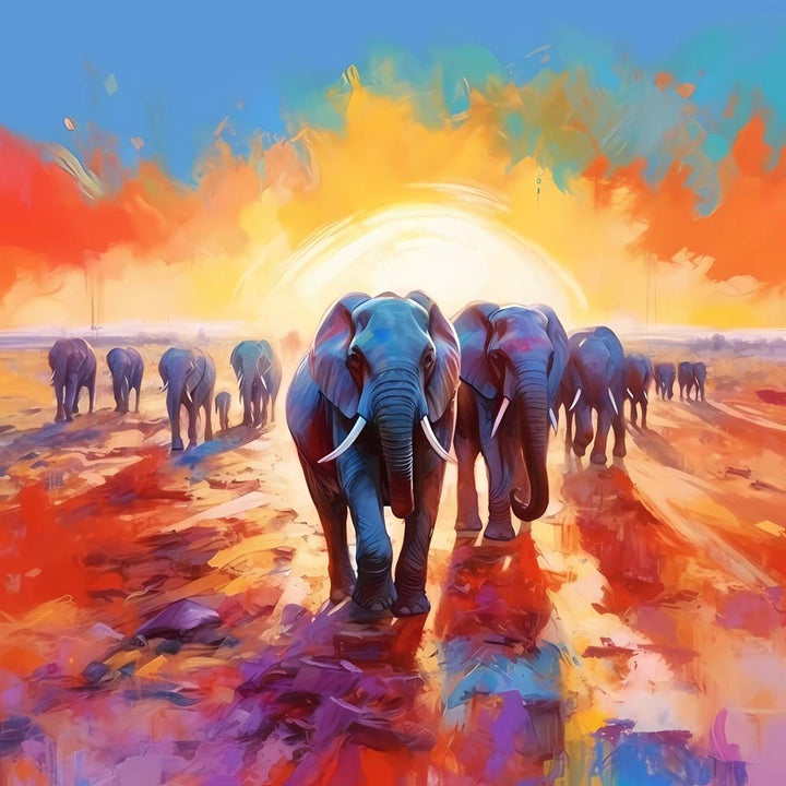 Olifantengroep bij Zonsopgang Diamond Painting
