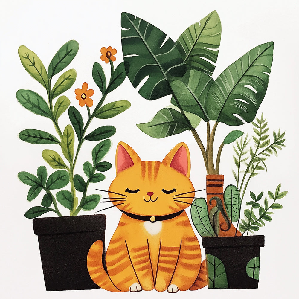 Oranje Kat en Bloempotten Diamond Painting