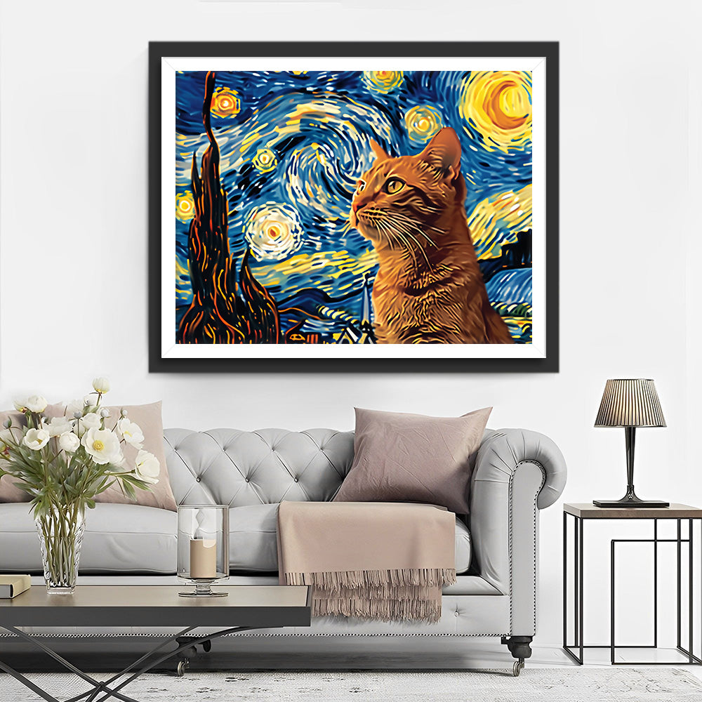 Oranje Kat en de Sterrenhemel Diamond Painting