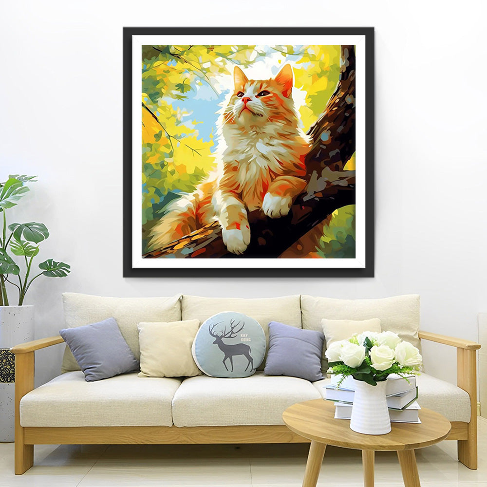 Oranje Kat in de Boom Diamond Painting