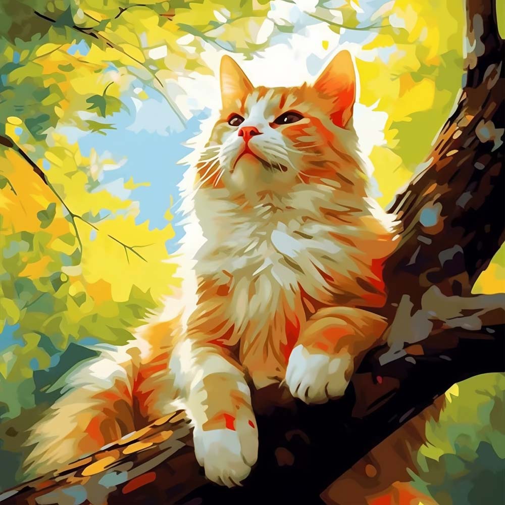 Oranje Kat in de Boom Diamond Painting