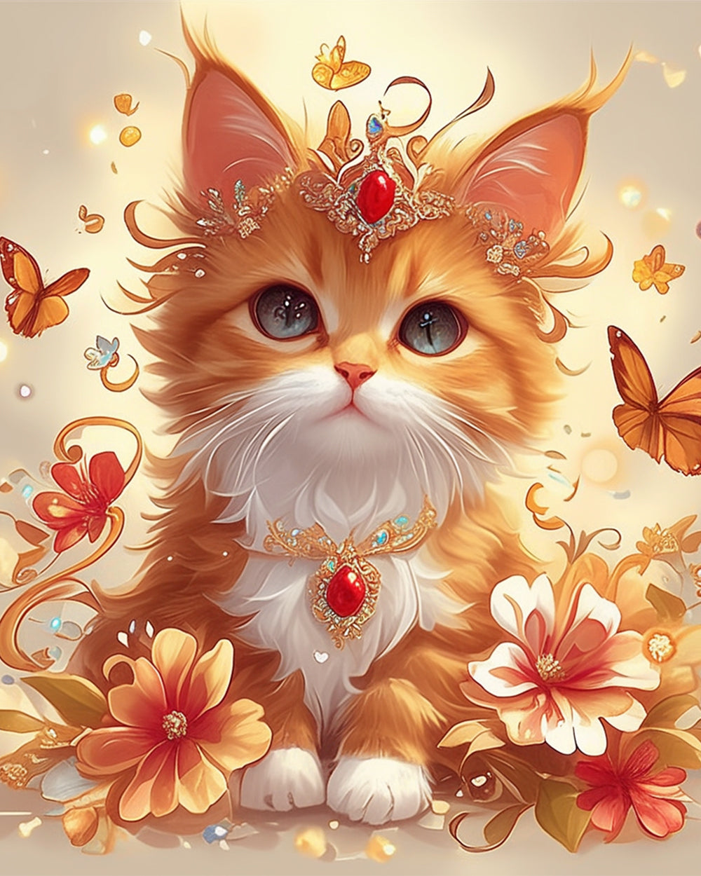 Oranje Kat met Rode Sieraden Diamond Painting