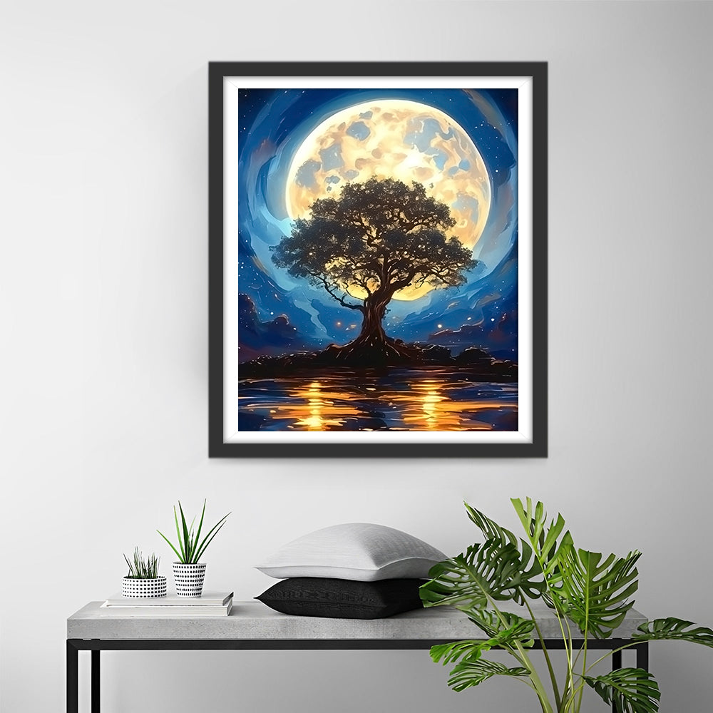 Oude Boom in het Maanlicht bij het Water Diamond Painting