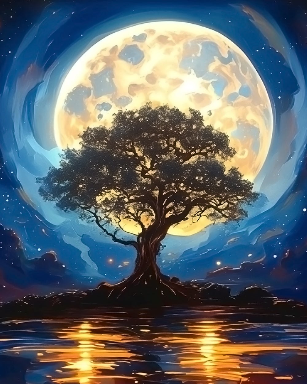 Oude Boom in het Maanlicht bij het Water Diamond Painting