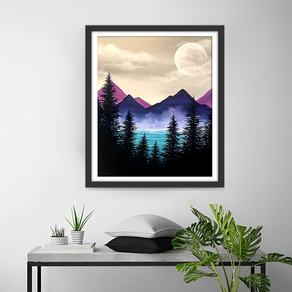 Paarse Berg, Maan en Bomen Diamond Painting