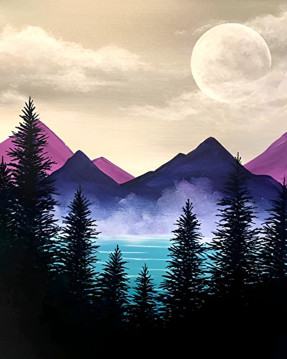 Paarse Berg, Maan en Bomen Diamond Painting