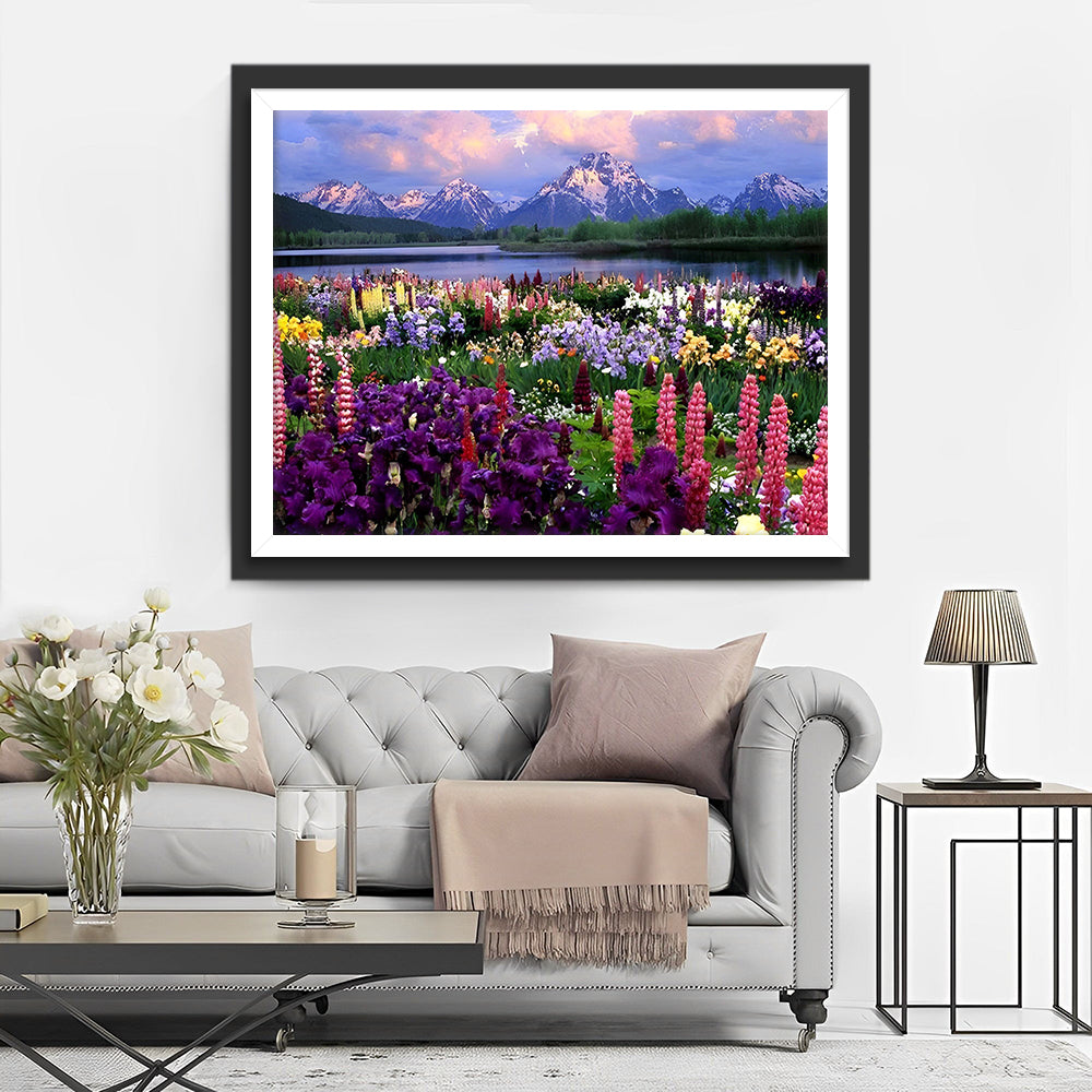 Paarse Bloemenveld bij het Meer Diamond Painting