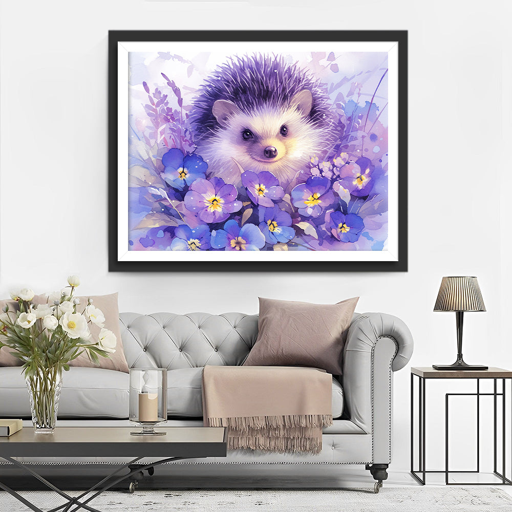 Paarse Egel in Paarse Bloemen Diamond Painting