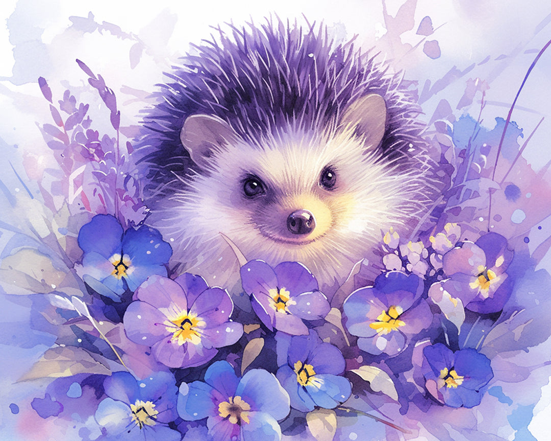 Paarse Egel in Paarse Bloemen Diamond Painting