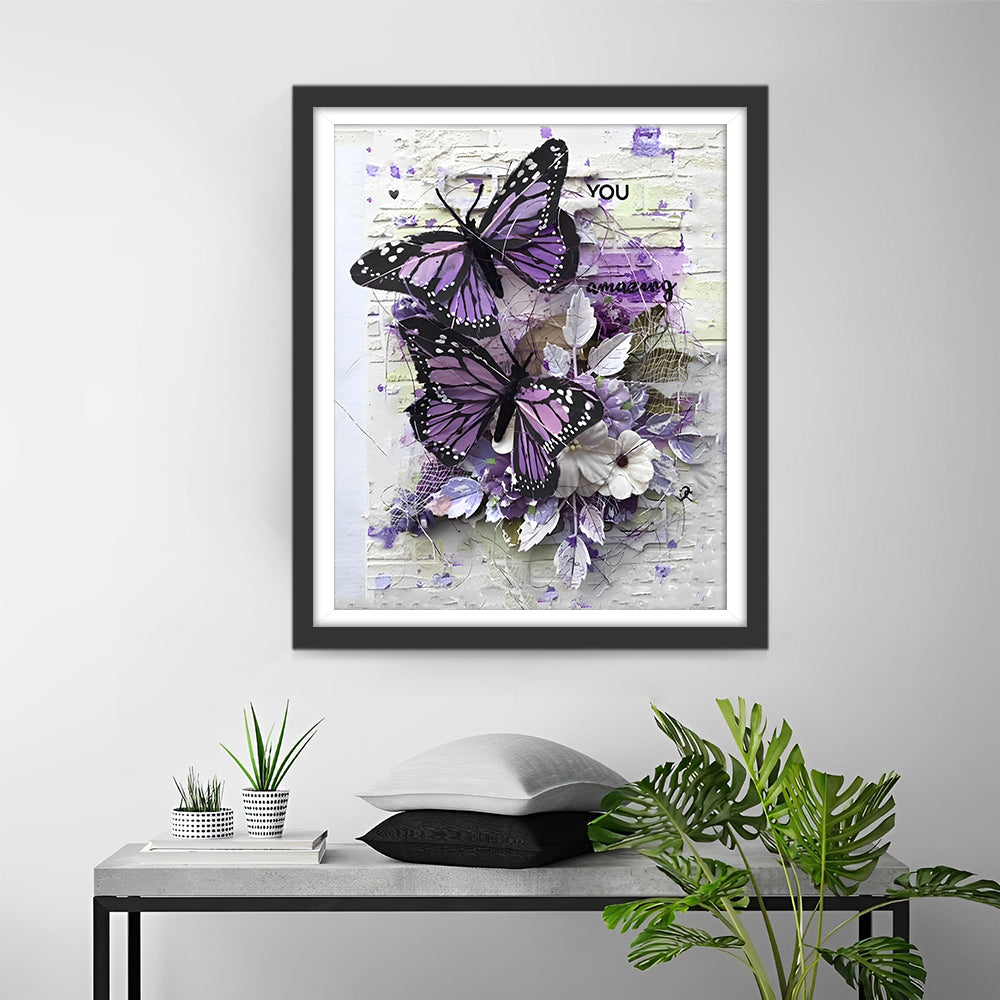 Paarse en Witte Vlinders op de Muur Diamond Painting