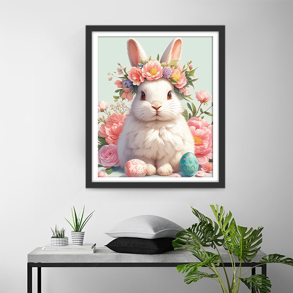 Paashaas met Krans voor Roze Bloemen Diamond Painting
