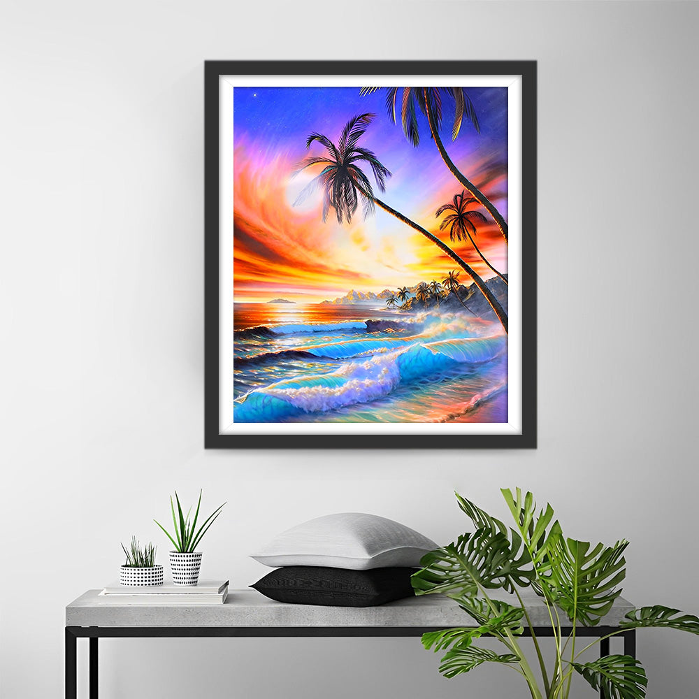 Palmbomen en Zee bij Zonsondergang Diamond Painting