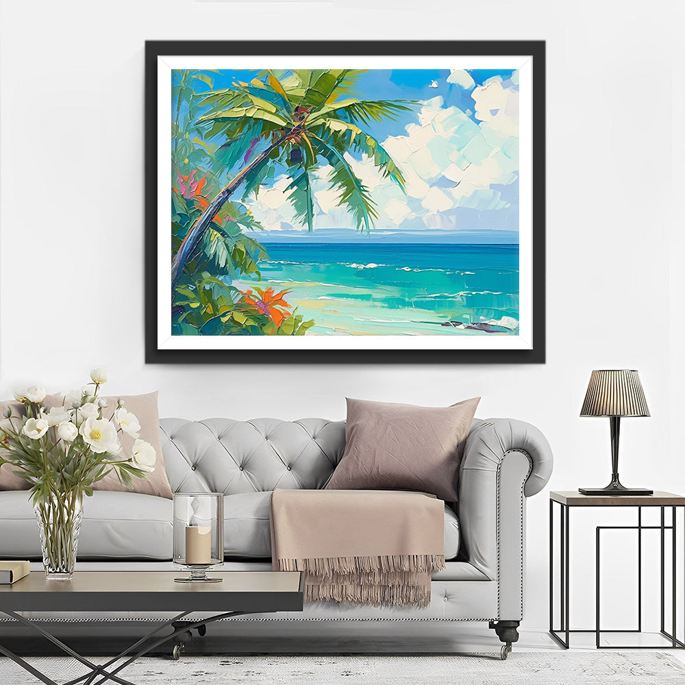 Palmboom bij het Tropische Strand met de Zee Diamond Painting