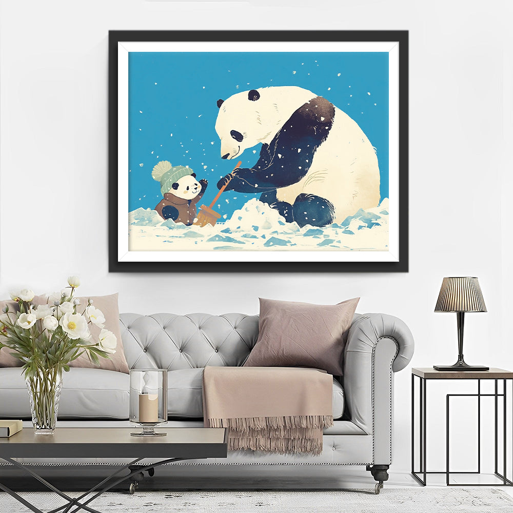 Panda en Babypanda Ruimen Sneeuw Diamond Painting