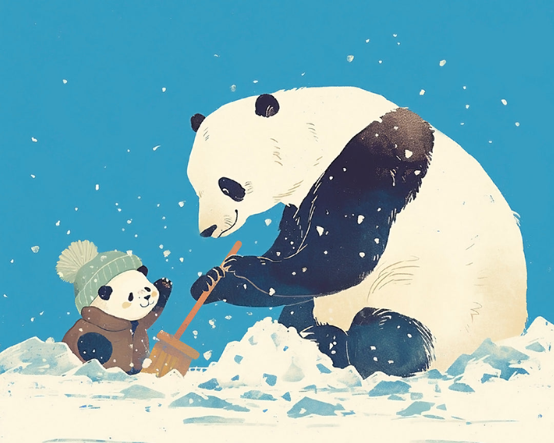 Panda en Babypanda Ruimen Sneeuw Diamond Painting