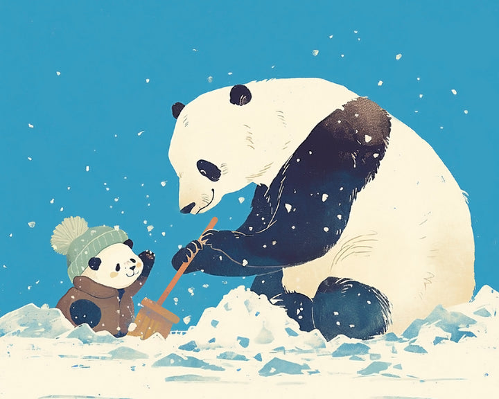Panda en Babypanda Ruimen Sneeuw Diamond Painting