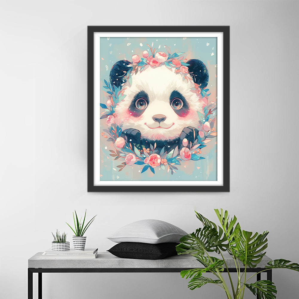 Panda omringd door Roze Bloemen Diamond Painting