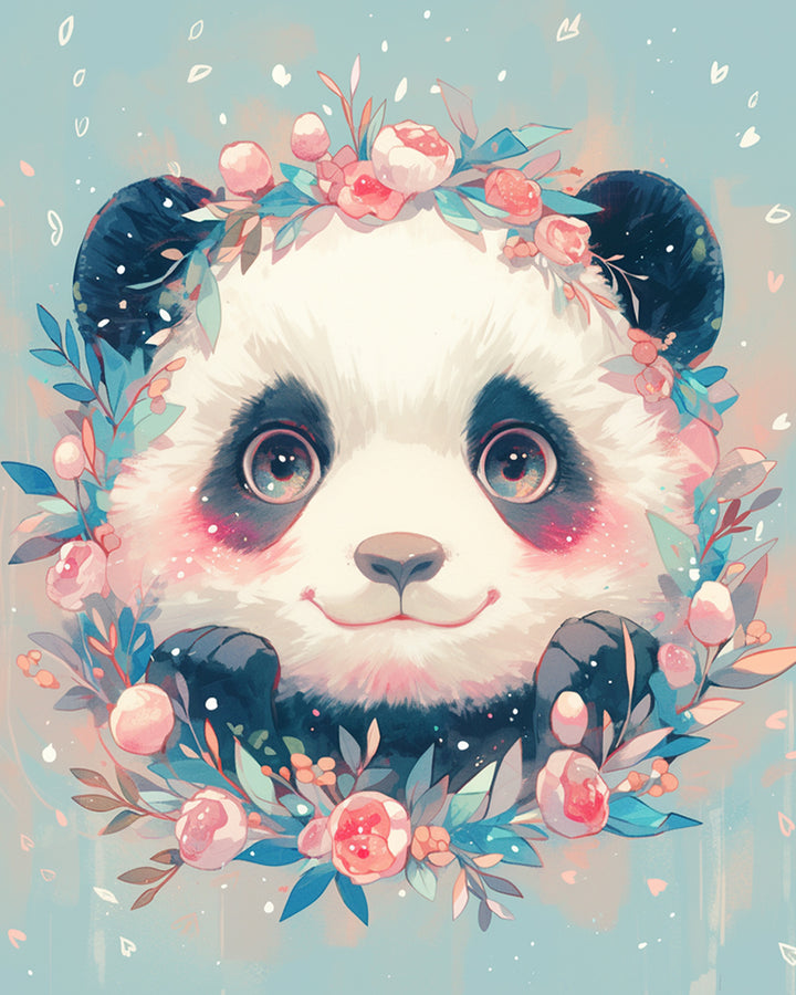 Panda omringd door Roze Bloemen Diamond Painting