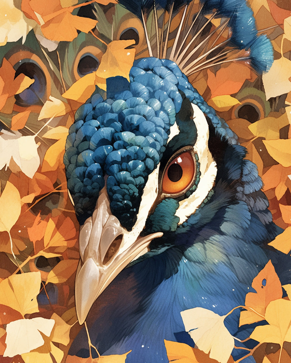Pauw in een Stapel Ginkgobladeren Diamond Painting
