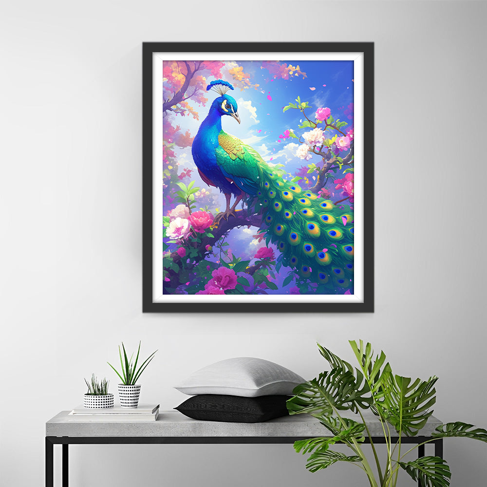 Pauw op een Roze en Wit Bloeiende Boom Diamond Painting