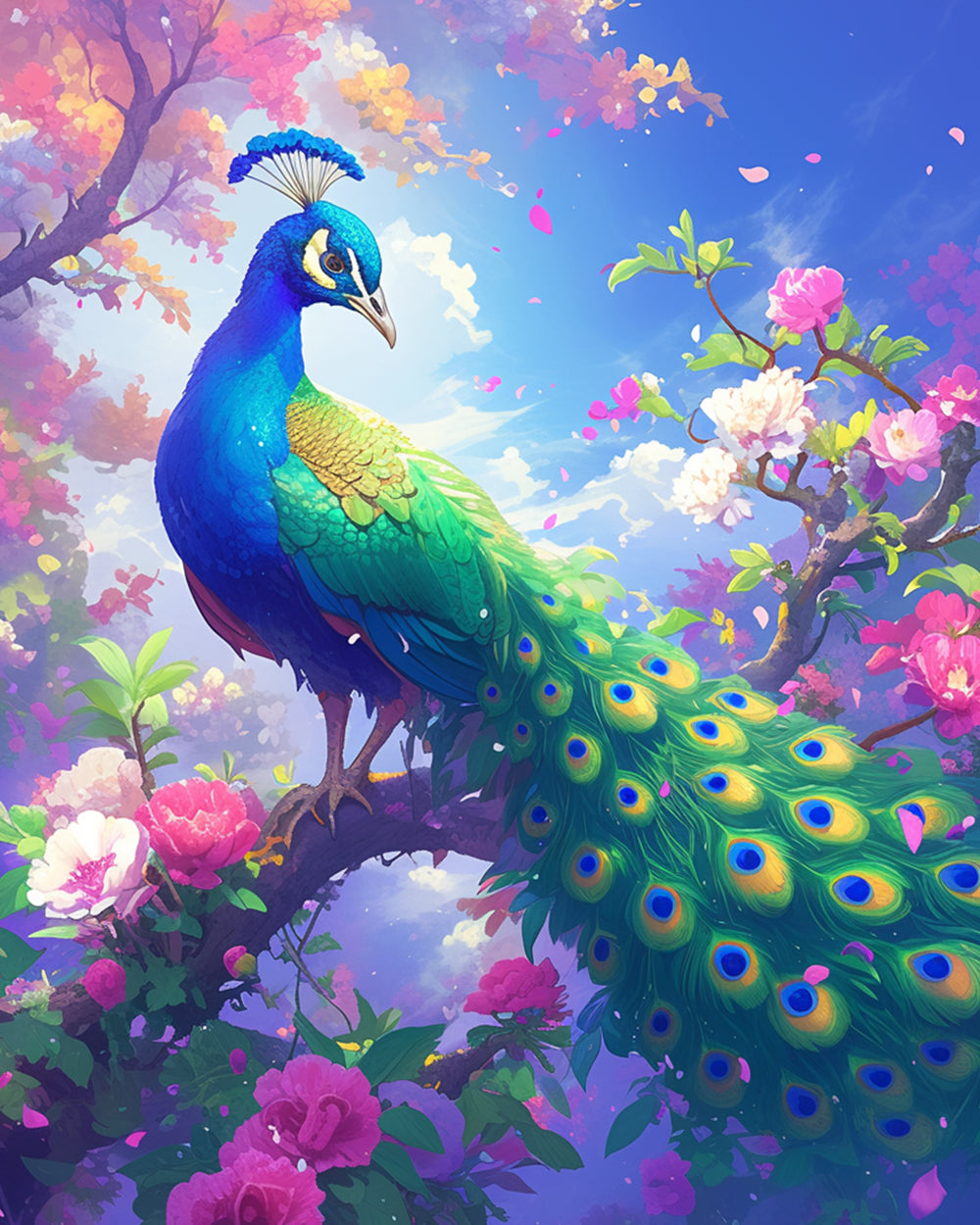 Pauw op een Roze en Wit Bloeiende Boom Diamond Painting